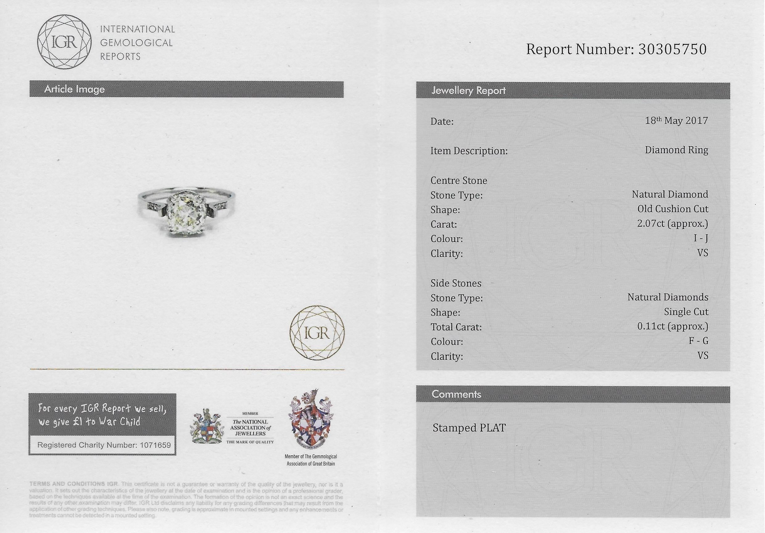 Art Deco 2.07 Carat Old Cut Diamond Platinum Engagement Ring For Sale 3