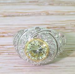 Retro 1.66 Carat Fancy Light Greenish Yellow Transitional Cut Bombé Ring