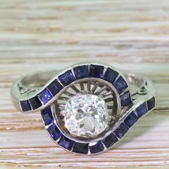 Mid-Century 1.43 Carat Old Cut Diamond and Calibré Cut Sapphire Ring