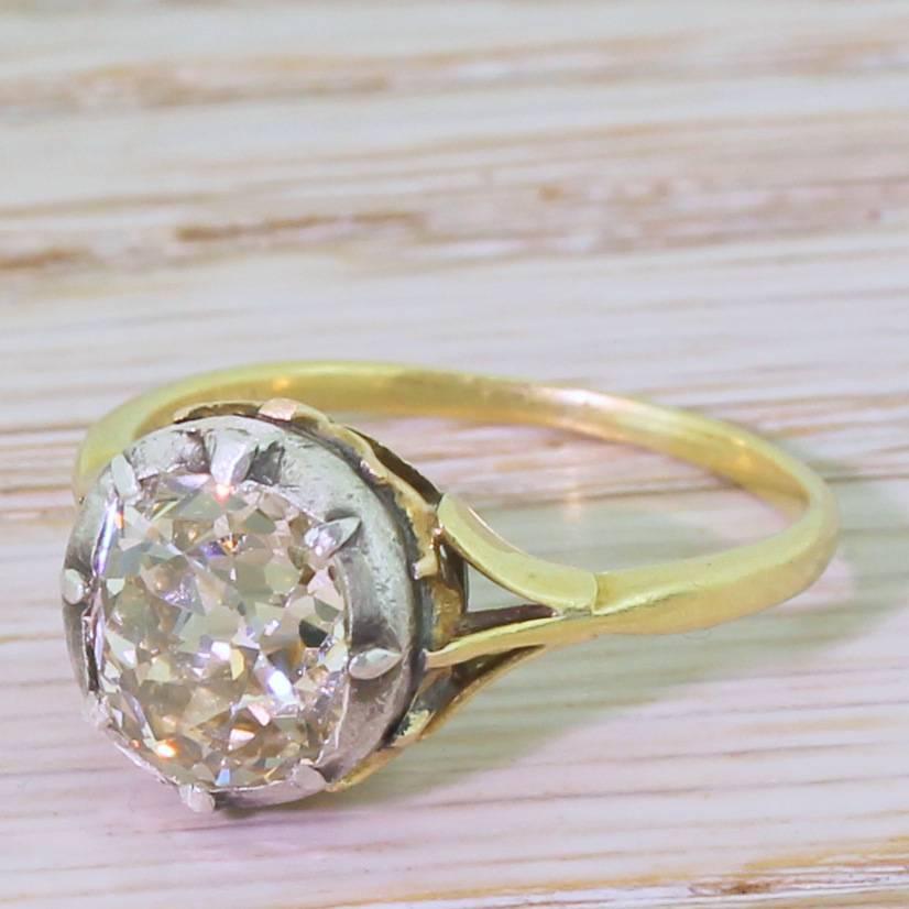 Victorian 2.16 Carat Light Yellow Old Cut Diamond Solitaire Ring For Sale 2