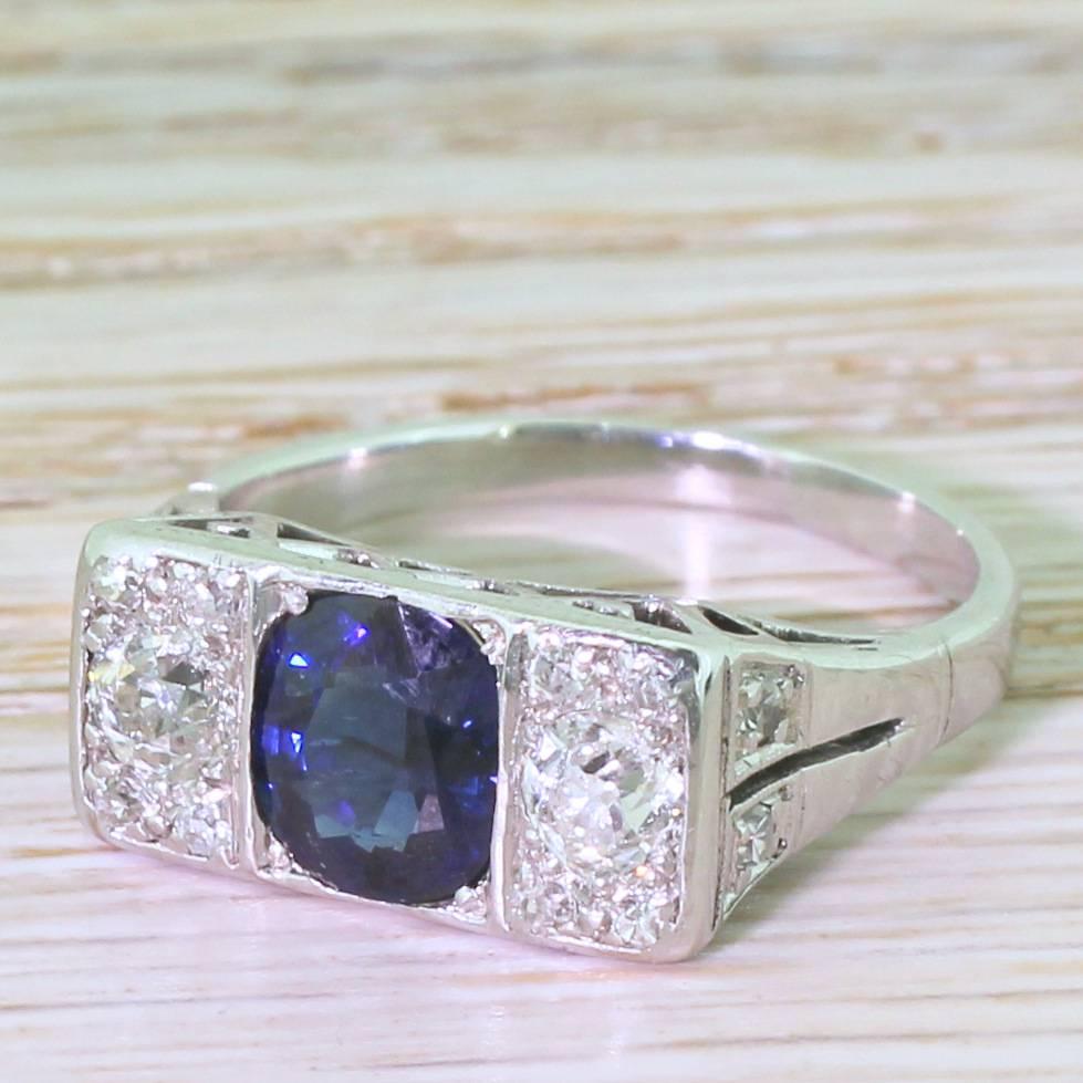 Art Deco Natural Sapphire and Old Cut Diamond Trilogy Ring 2