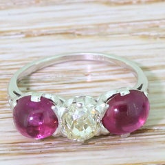 Art Deco Old Cut Diamond and Cabochon Ruby Trilogy Ring
