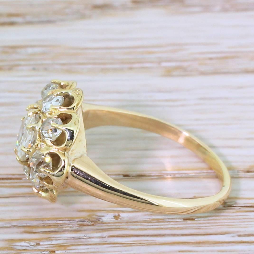 Victorian 1.55 Carat Old Cut Diamond Cluster Ring In Excellent Condition For Sale In Theydon Bois, Essex
