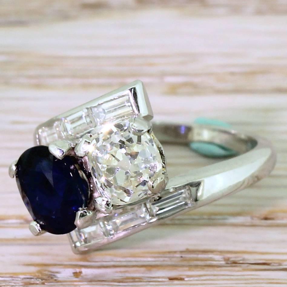 Art Deco 1.33 Carat Old Cut Diamond and 1.40 Carat Sapphire Crossover Ring For Sale 2