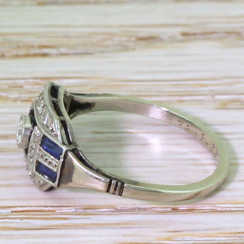 Art Deco Old Cut Diamond and Baguette Cut Sapphire Ring, French, Dated 1933 In Excellent Condition In Theydon Bois, Essex