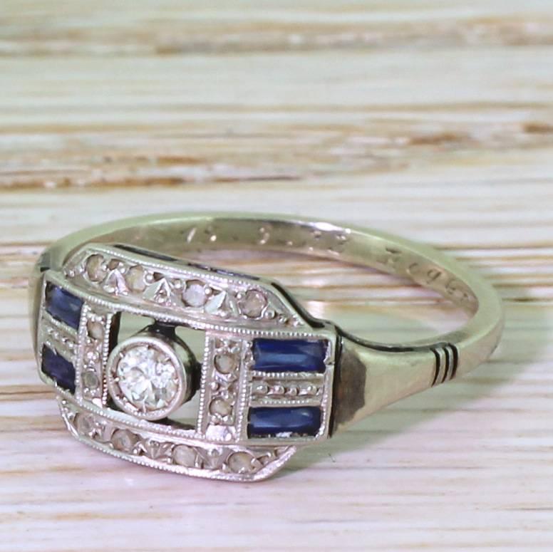 Art Deco Old Cut Diamond and Baguette Cut Sapphire Ring, French, Dated 1933 2