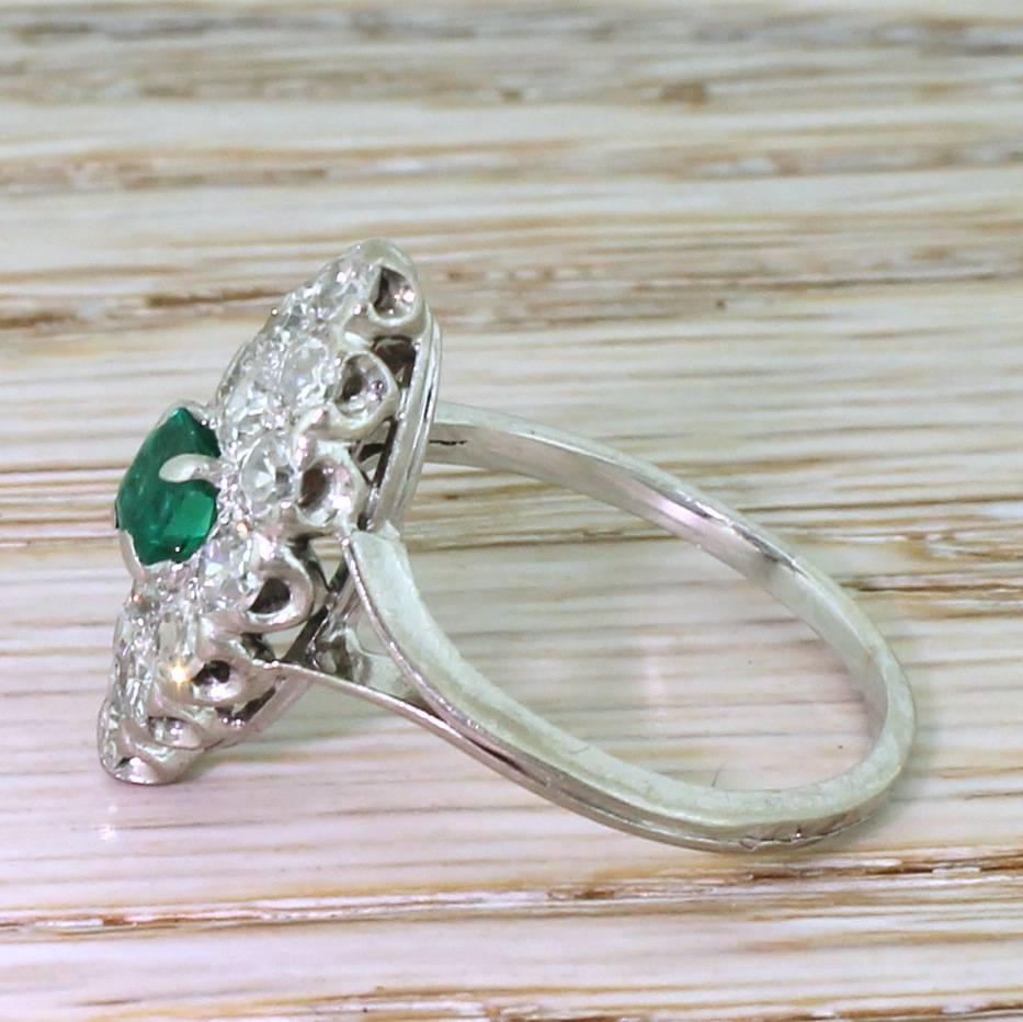 Art Deco Step Cut Emerald and Old Cut Diamond Navette Ring In Good Condition For Sale In Theydon Bois, Essex