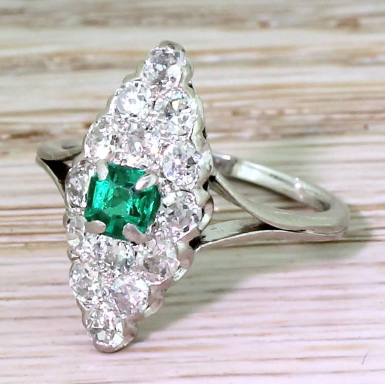 Art Deco Step Cut Emerald and Old Cut Diamond Navette Ring For Sale 3