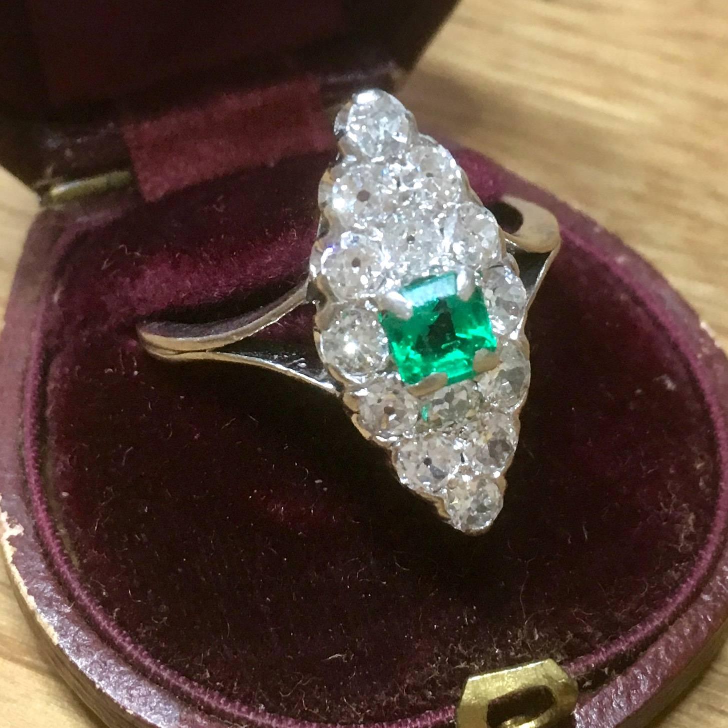 Art Deco Step Cut Emerald and Old Cut Diamond Navette Ring For Sale 2