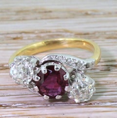 Art Deco Natural Ruby and Old Cut Diamond Trilogy Crossover Ring