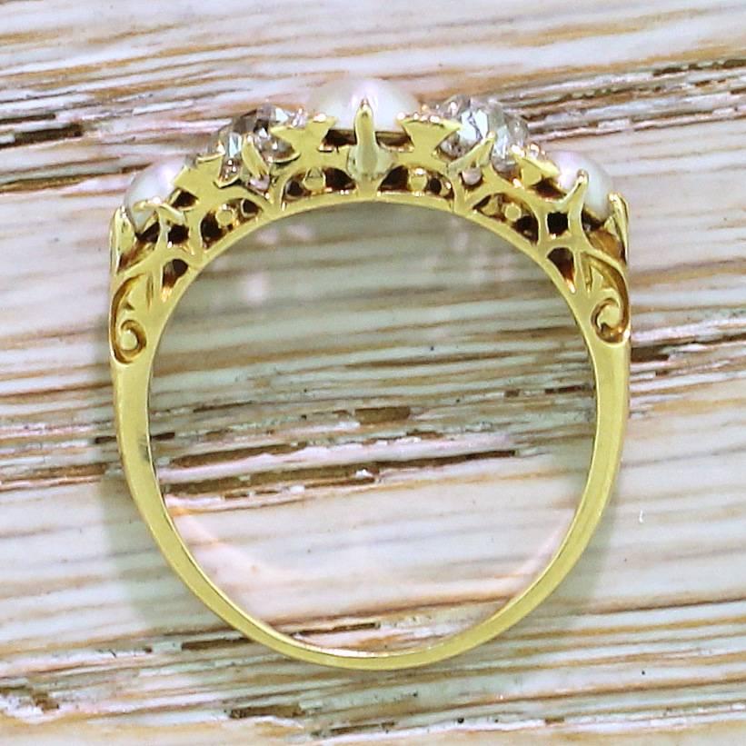 Women's Victorian Pearl and Old Cut Diamond Carved Half Hoop Ring For Sale