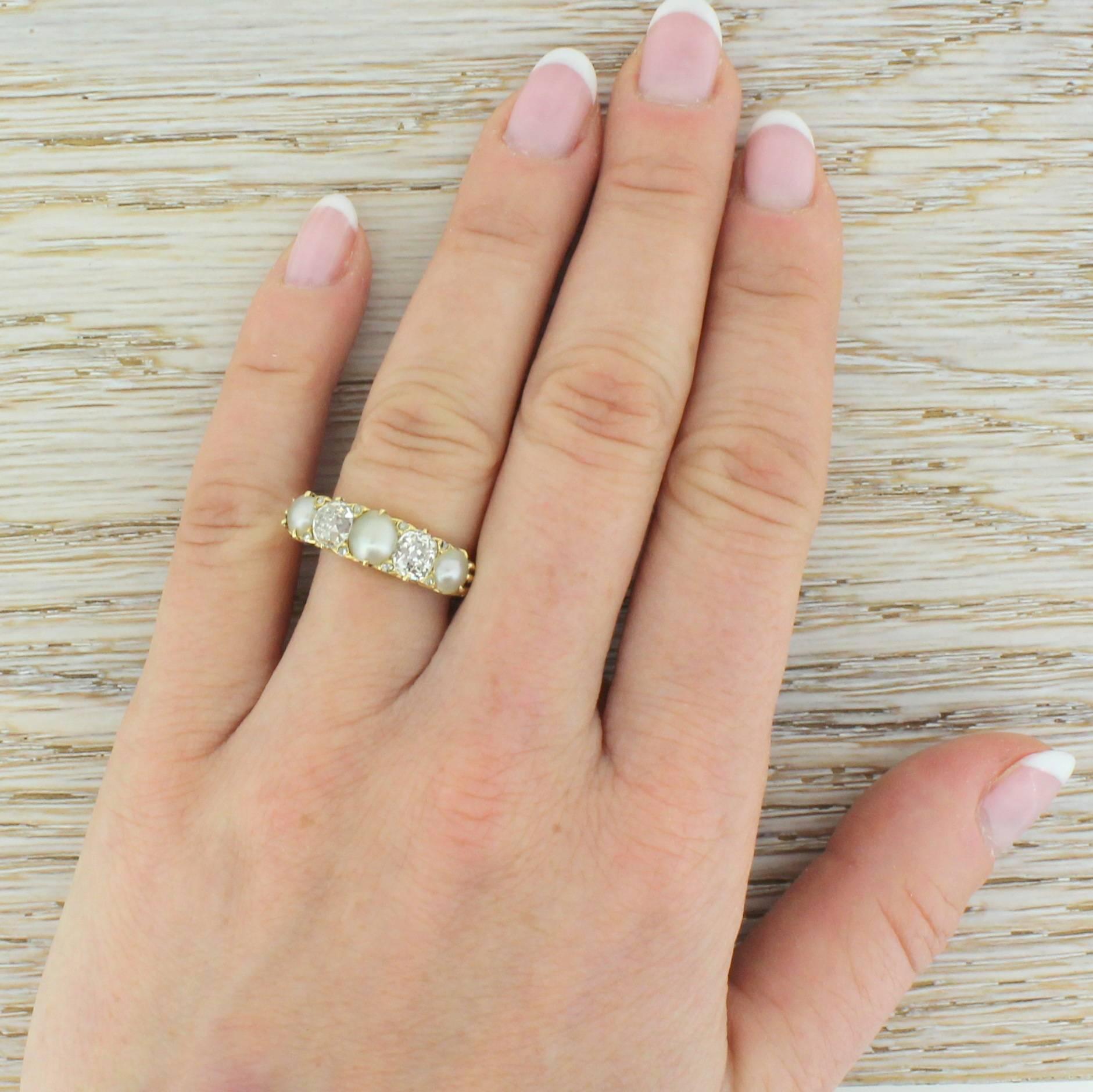 Victorian Pearl and Old Cut Diamond Carved Half Hoop Ring For Sale 1