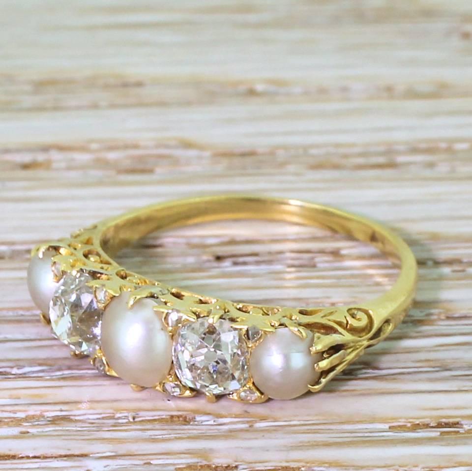 Victorian Pearl and Old Cut Diamond Carved Half Hoop Ring For Sale 2