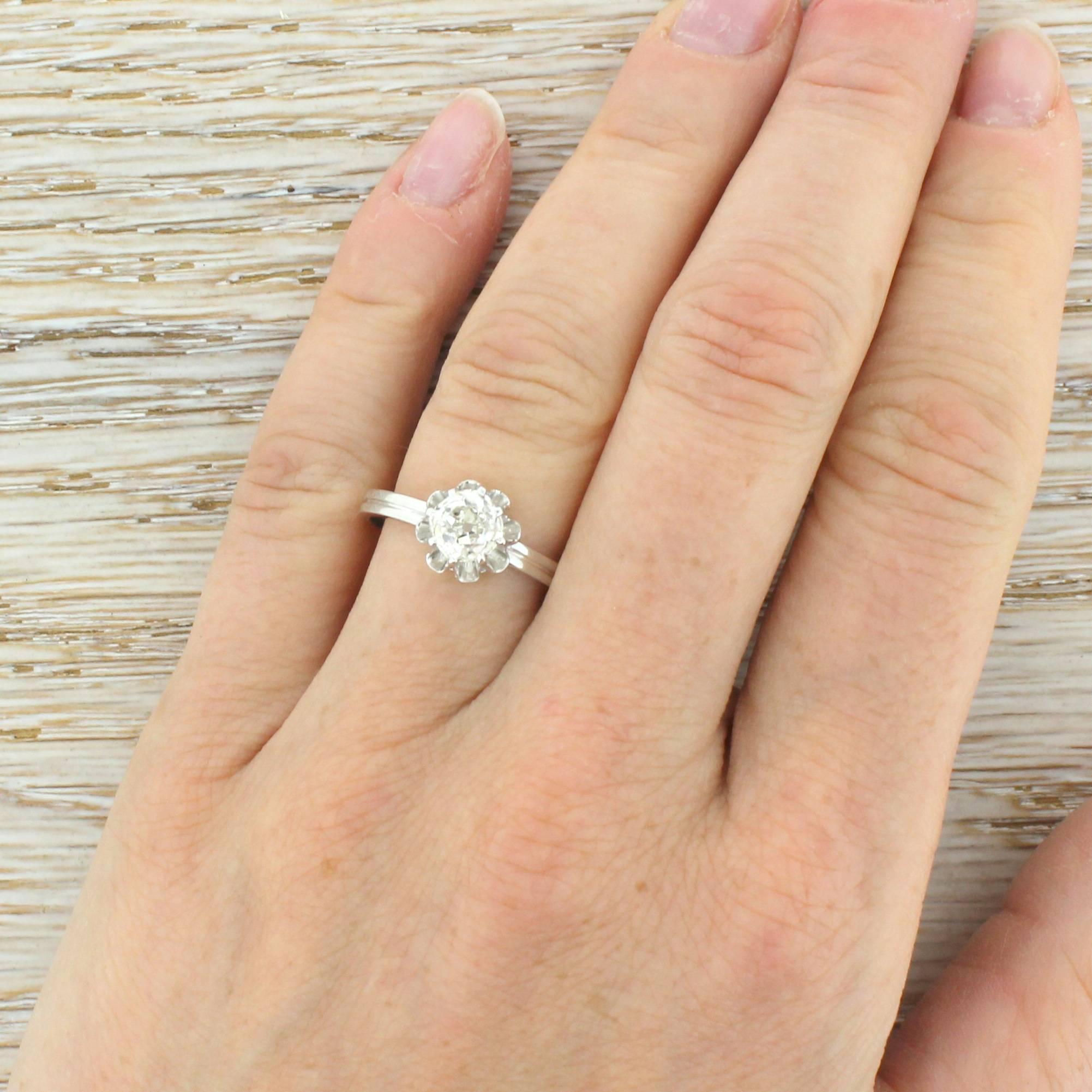 Edwardian 0.91 Carat Old Cut Diamond Platinum “Buttercup” Engagement Ring For Sale 1