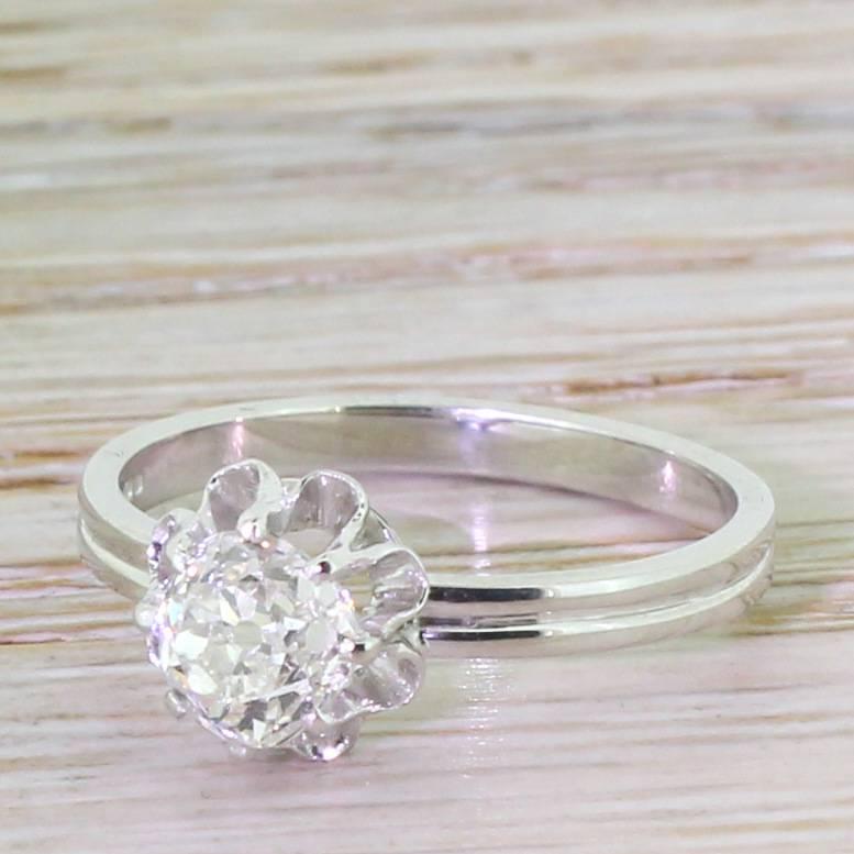 Edwardian 0.91 Carat Old Cut Diamond Platinum “Buttercup” Engagement Ring For Sale 2
