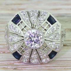 Art Deco Old European Cut Diamond Sapphire Platinum Cocktail Ring