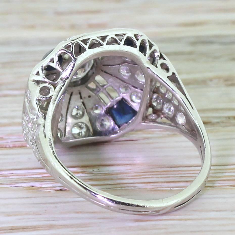 Women's Art Deco Old European Cut Diamond Sapphire Platinum Cocktail Ring For Sale