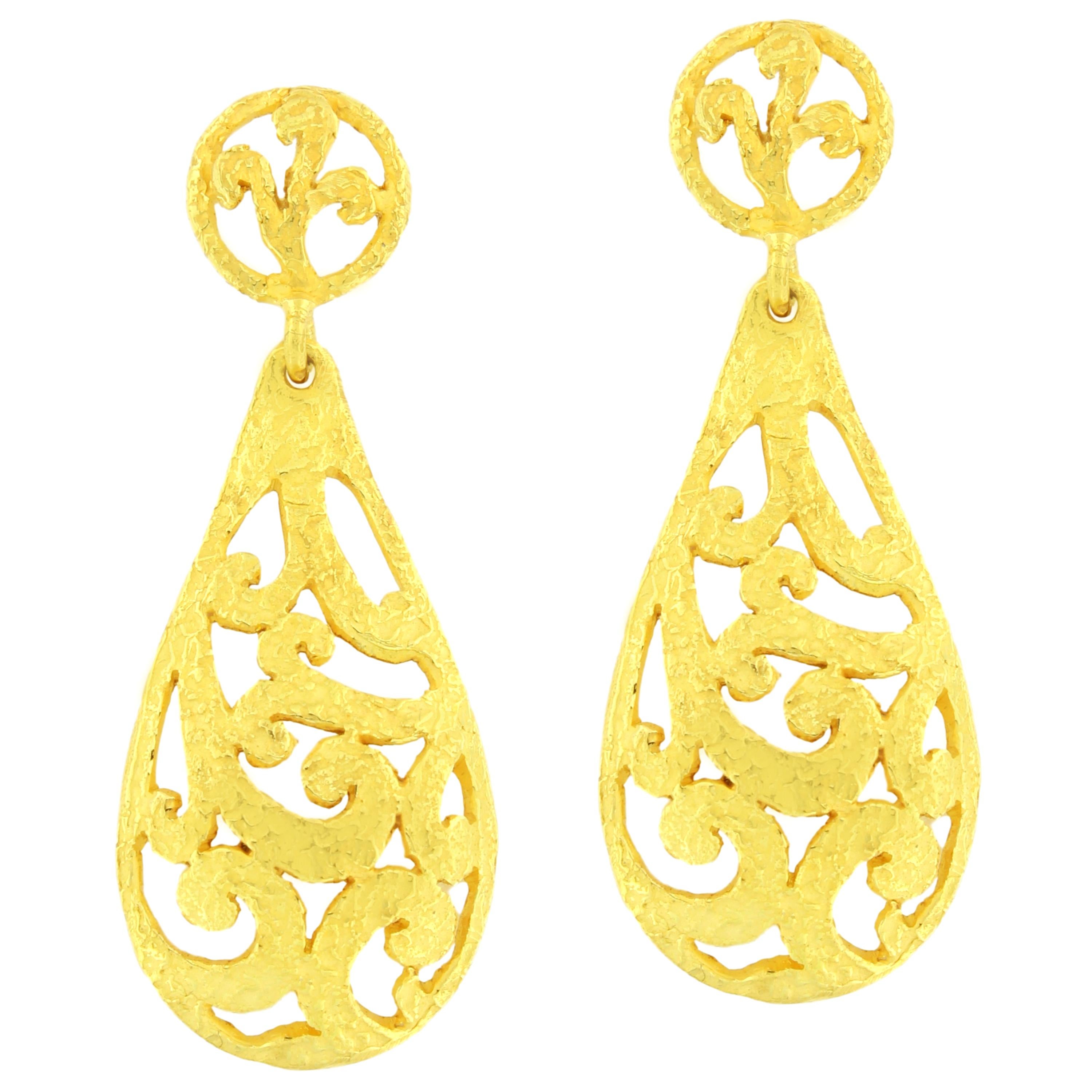 Sacchi Art Deco Curlicue Style 18 Karat Satin Yellow Gold Drop Earrings