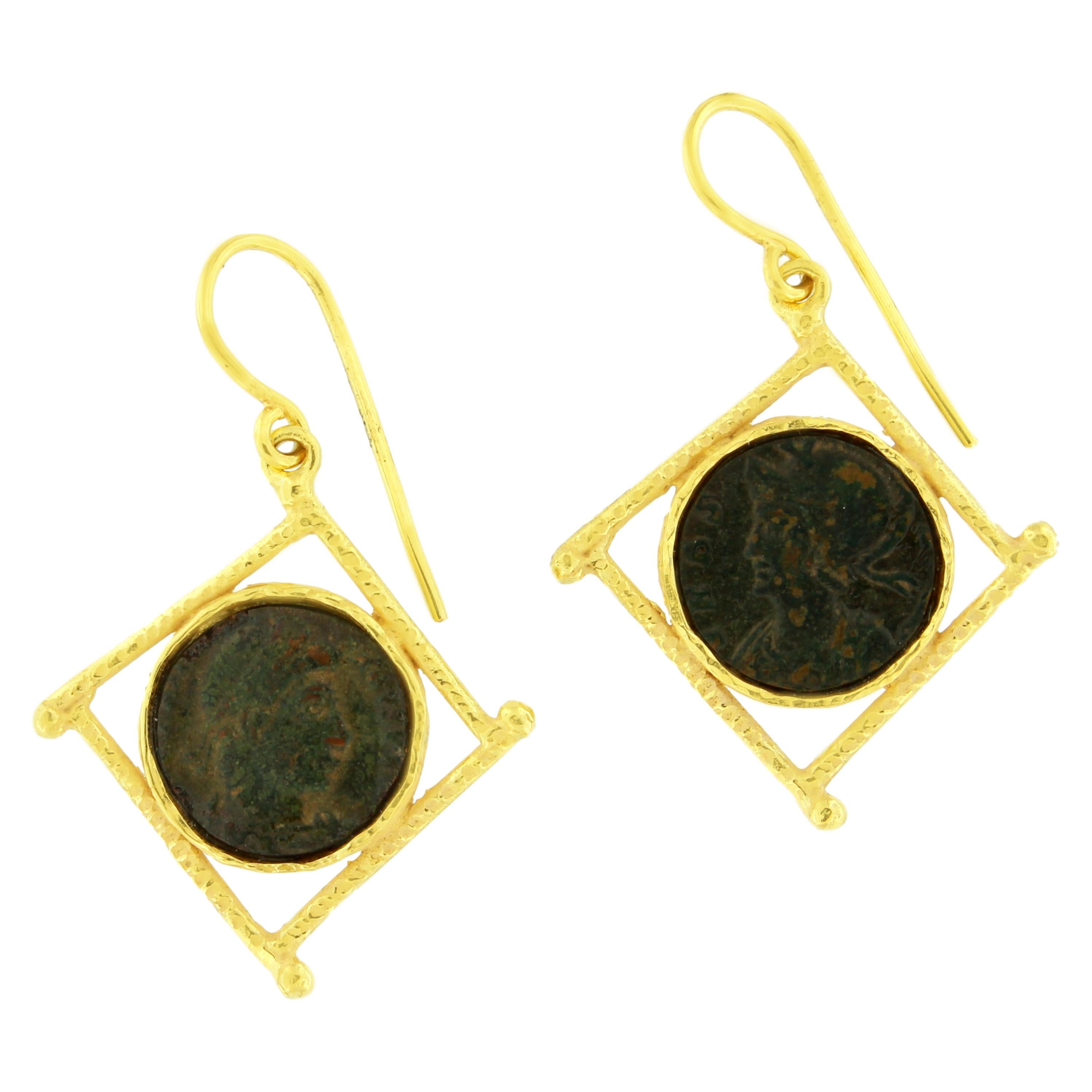 Sacchi Ancient Roman Coin 18 Karat Satin Yellow Gold Earrings