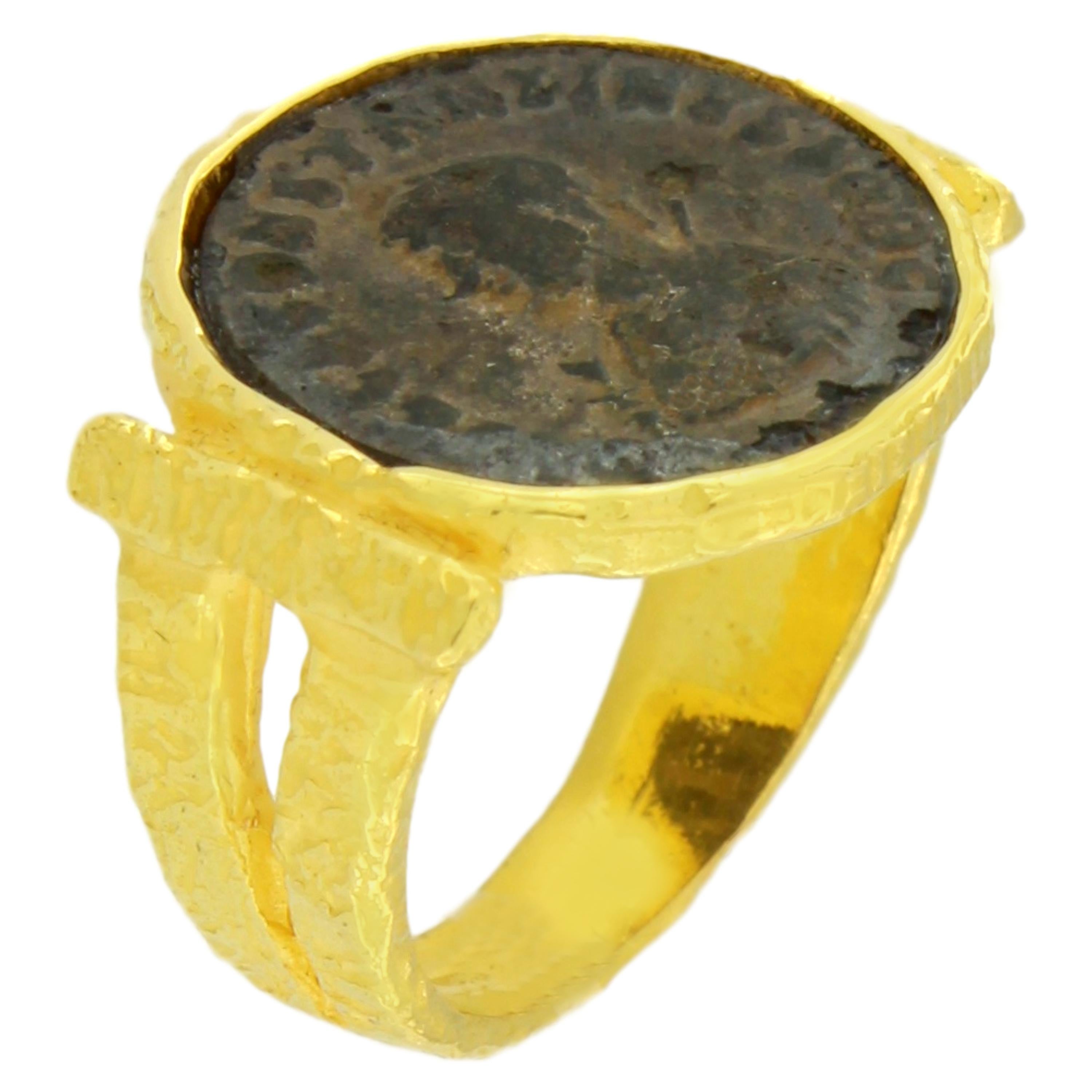 Sacchi Ancient Roman Coin Ring 18 Karat Satin Yellow Band Gold