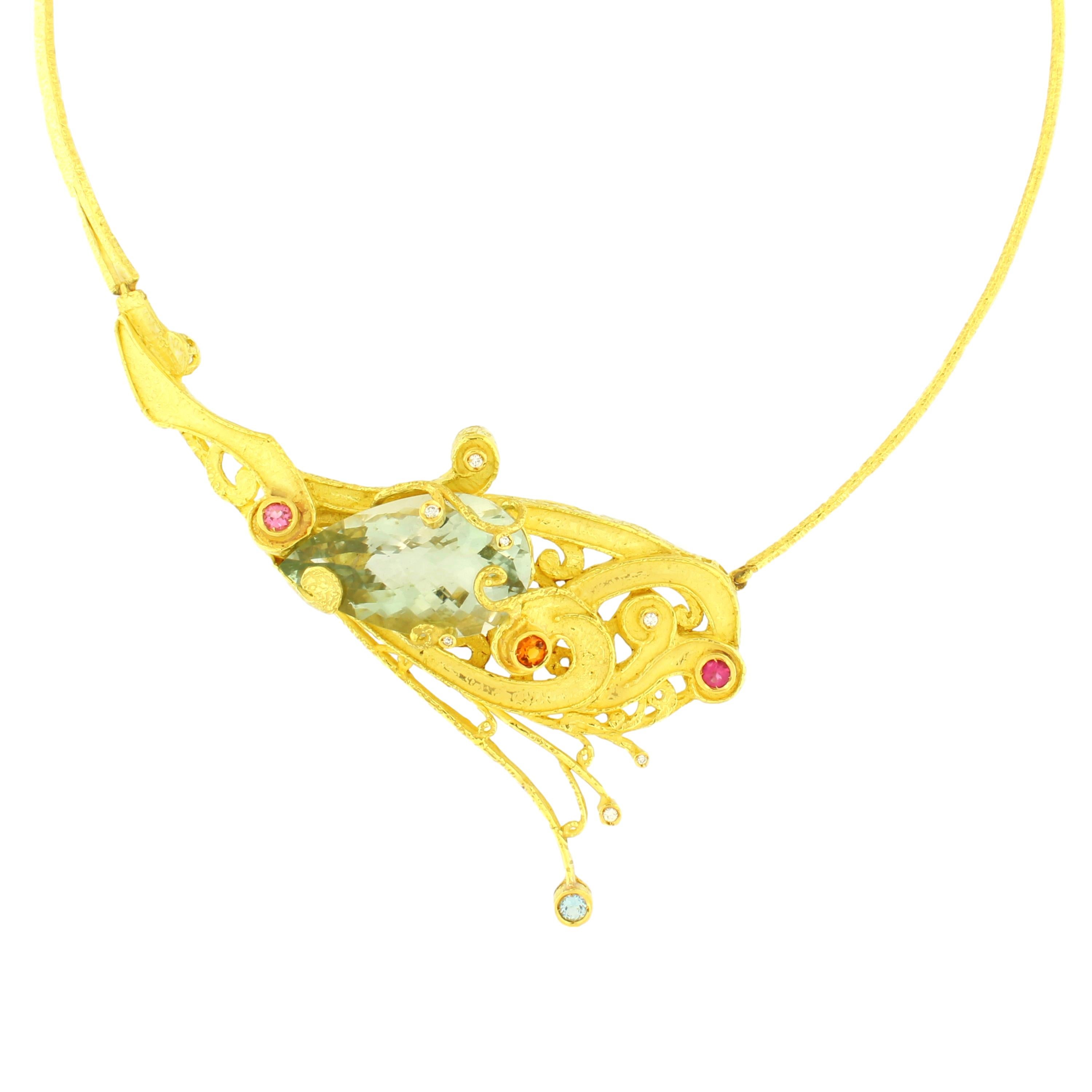 One-of-a-Kind Satin Yellow Gold Pendant Necklace embellished with Multi-Color Precious Gemstones, from Sacchi’s “Burlesque” Collection, hand-crafted with lost-wax casting technique.

Lost-wax casting, one of the oldest techniques for creating