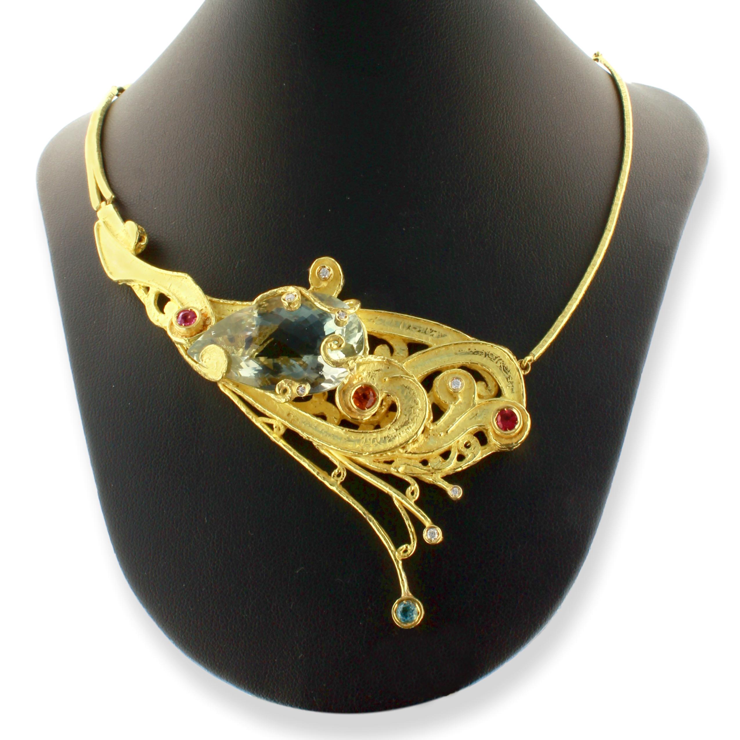 Round Cut Sacchi One-of-a-Kind Multi-Color Precious Gemstones 18 Karat Gold Necklace For Sale