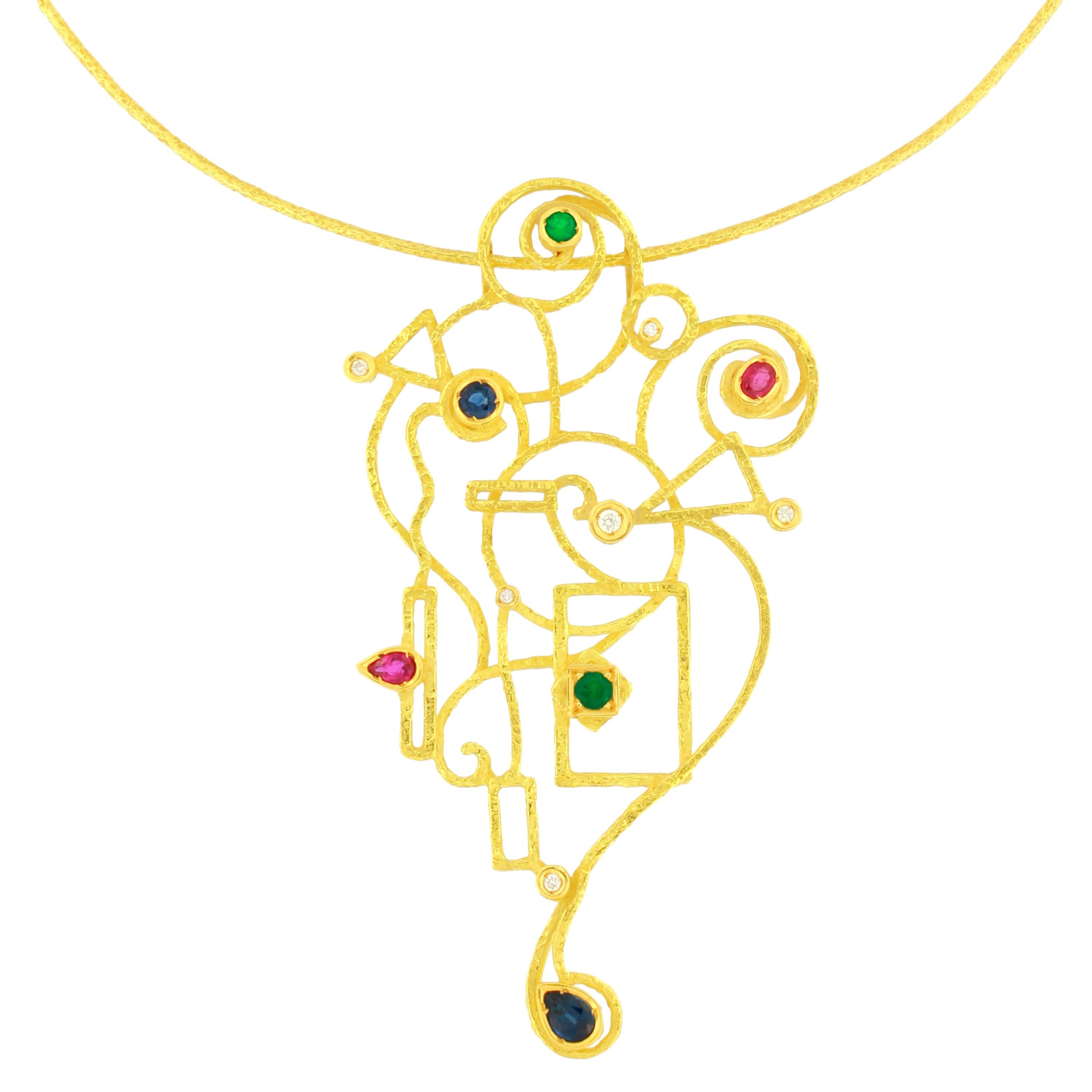 Gorgeous Satin Yellow Gold Pendant Necklace embellished with Multi-Color Precious Gemstones, from Sacchi’s “Klimt” Collection, hand-crafted with lost-wax casting technique.

Lost-wax casting, one of the oldest techniques for creating jewelry, forms