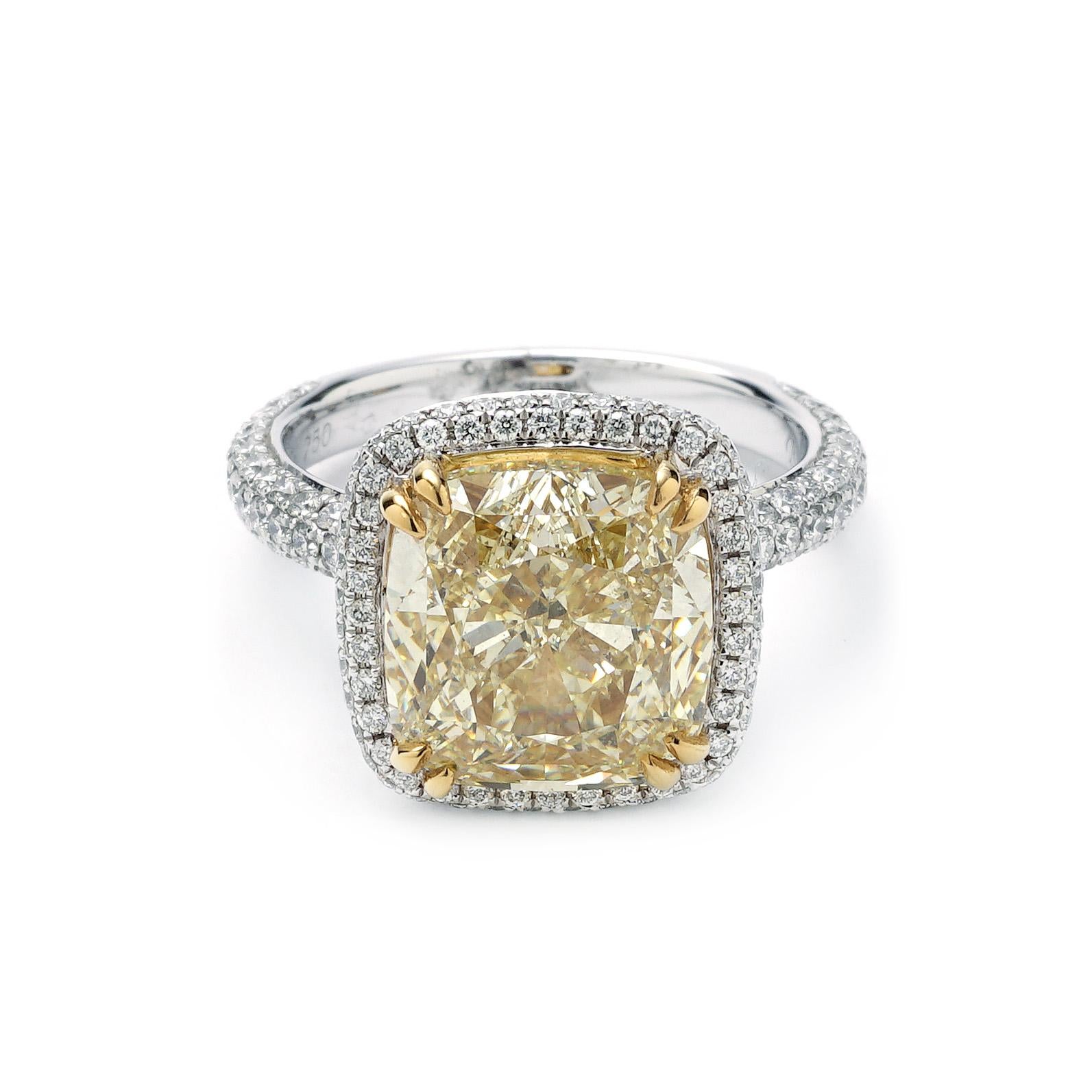 Cushion Cut GIA Certified 7.10 Carat Centre Fancy Yellow Diamond Ring in 18 Karat White Gold