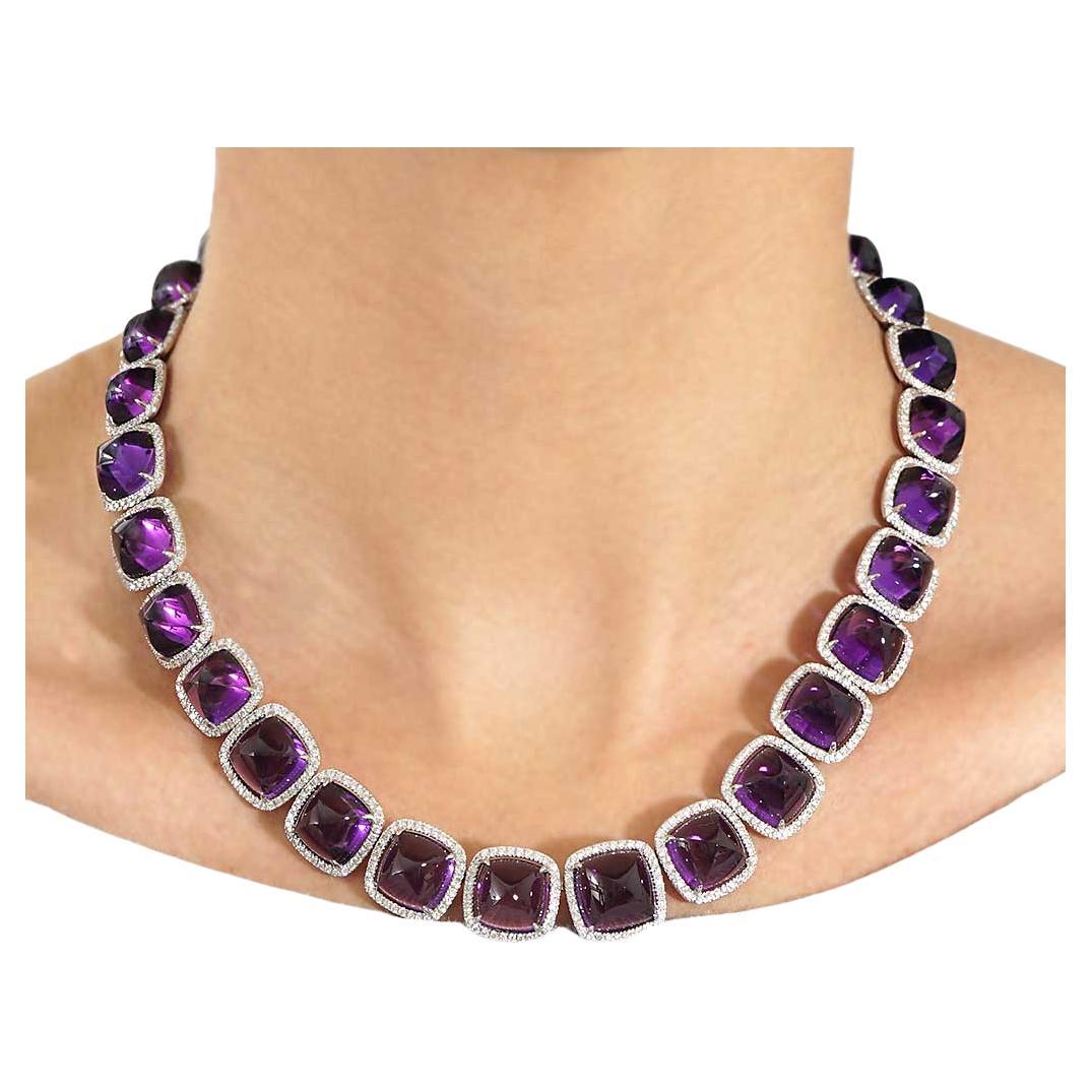 L'Améthyste 145 Carats Large Amethyst & Diamond Riviera Necklace 18K White Gold For Sale