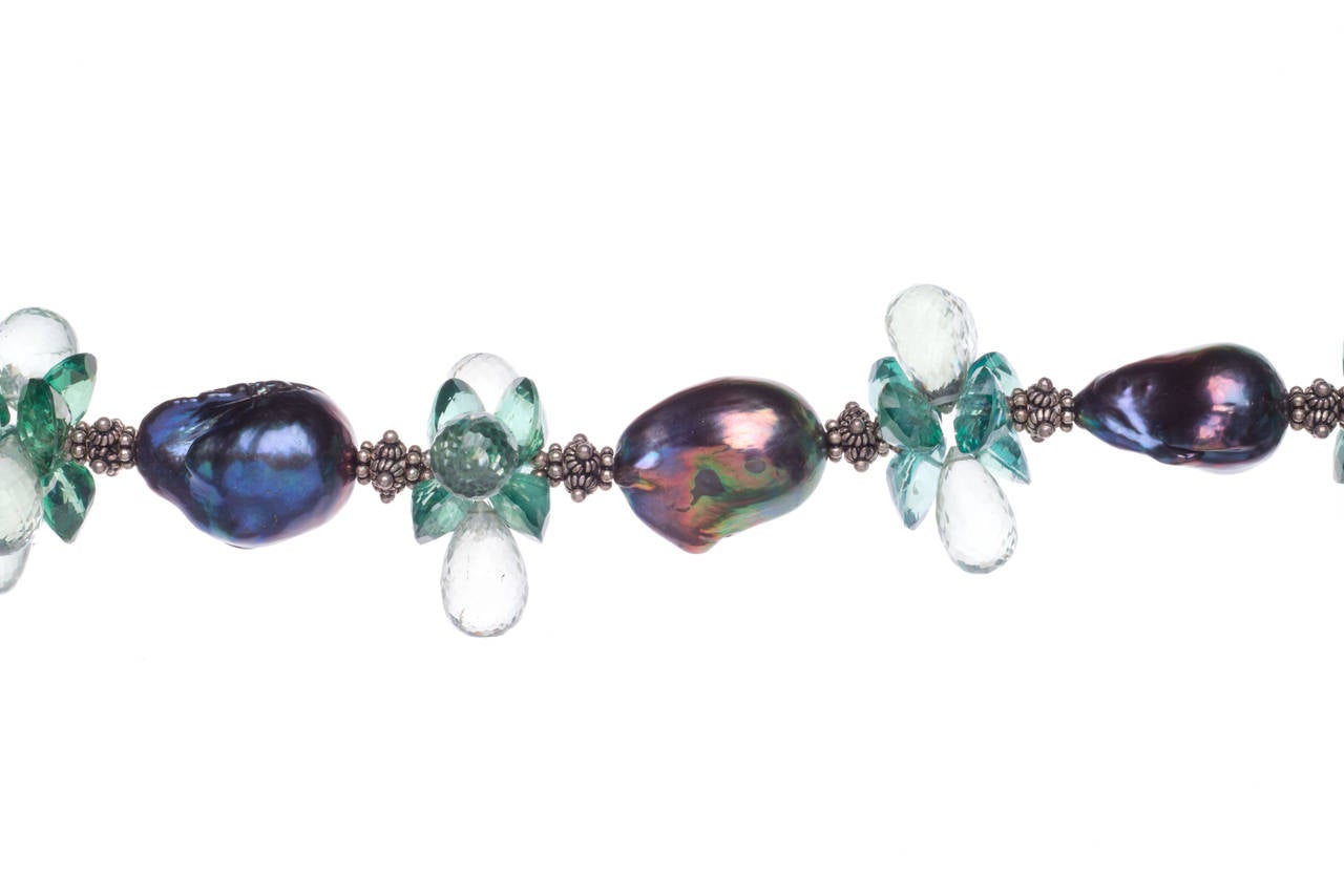 Deborah Liebman Baroque Black Pearl Green Topaz Green Amethyst Silver Necklace