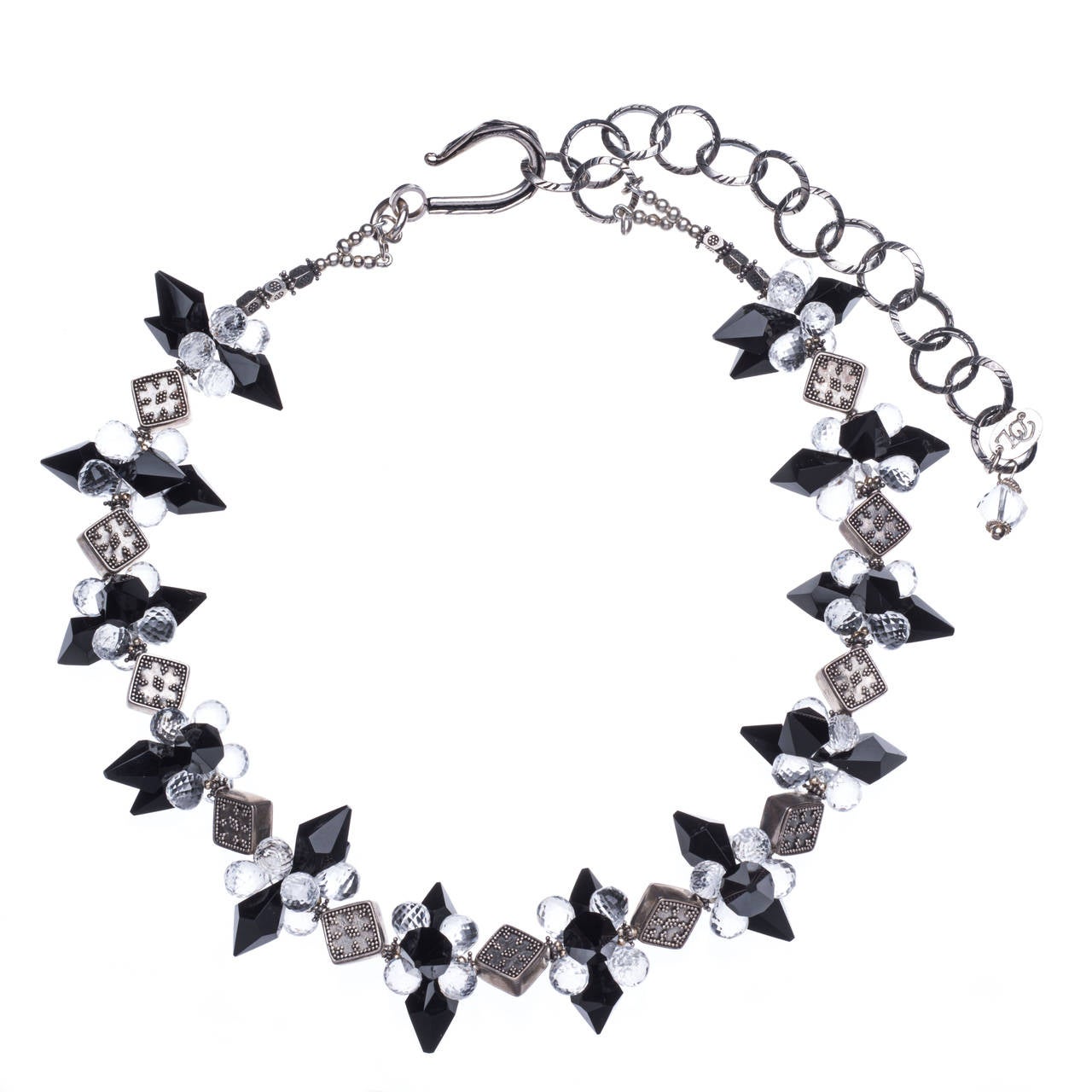 Crystal Quartz, Onyx and Sterling Silver Necklace (adjustable length 18 inches to 25 inches)