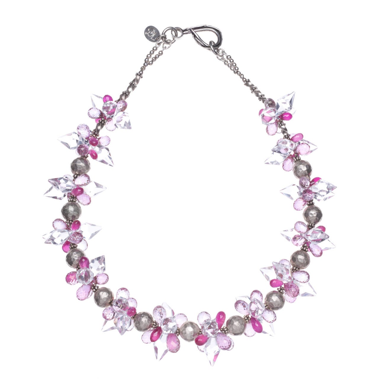 Crystal Quartz, Pink Topaz and Rubies Necklace in Sterling Silver