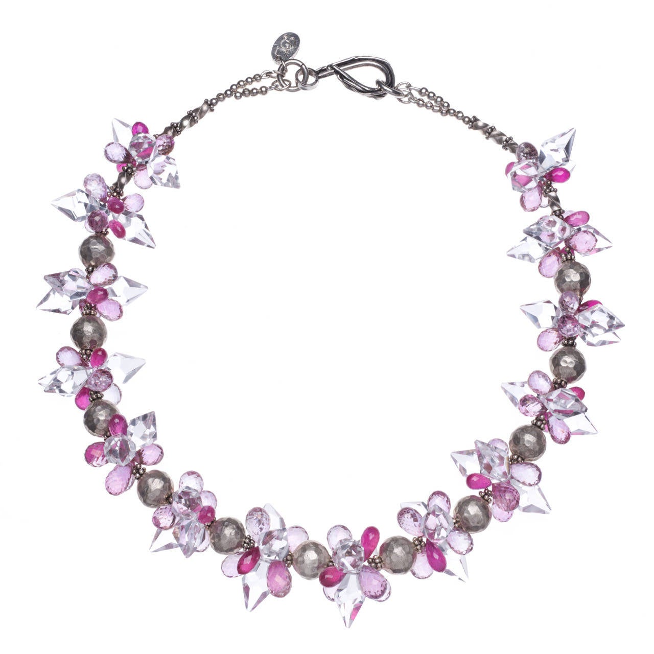 Deborah Liebman Crystal Quartz Pink Topaz Ruby Sterling Silver Necklace For Sale