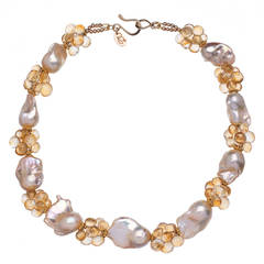 Deborah Liebman Baroque Peach Pearls Citrine Yellow Gold Necklace