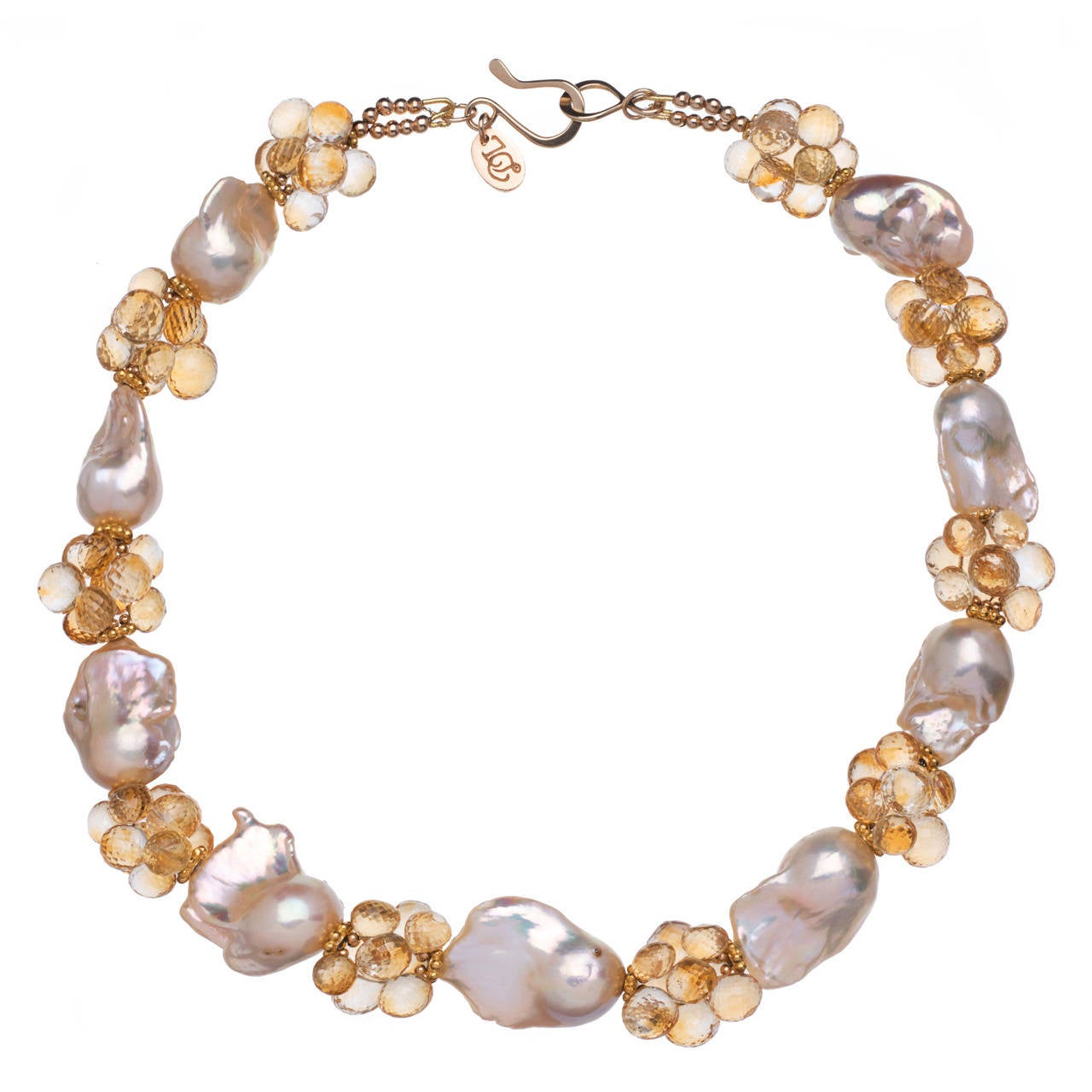 Deborah Liebman Baroque Peach Pearls Citrine Yellow Gold Necklace For Sale