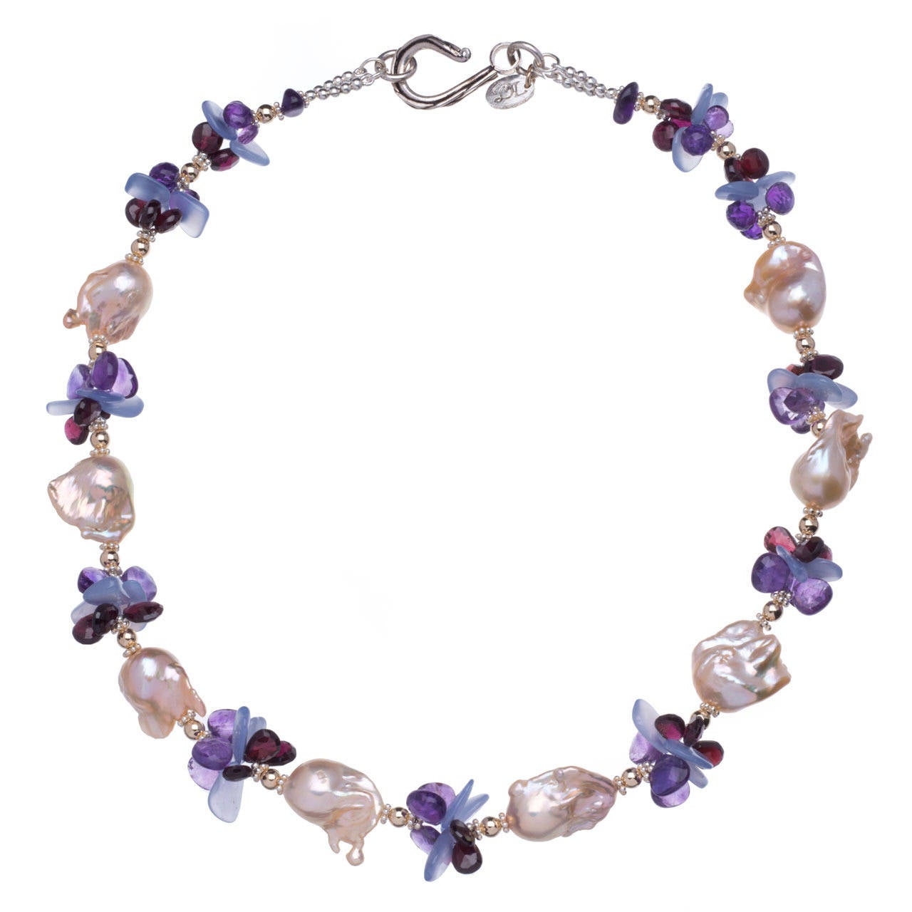 Deborah Liebman Peach Pearl Purple Amethyst Lilac Chalcedony Garnet Necklace For Sale