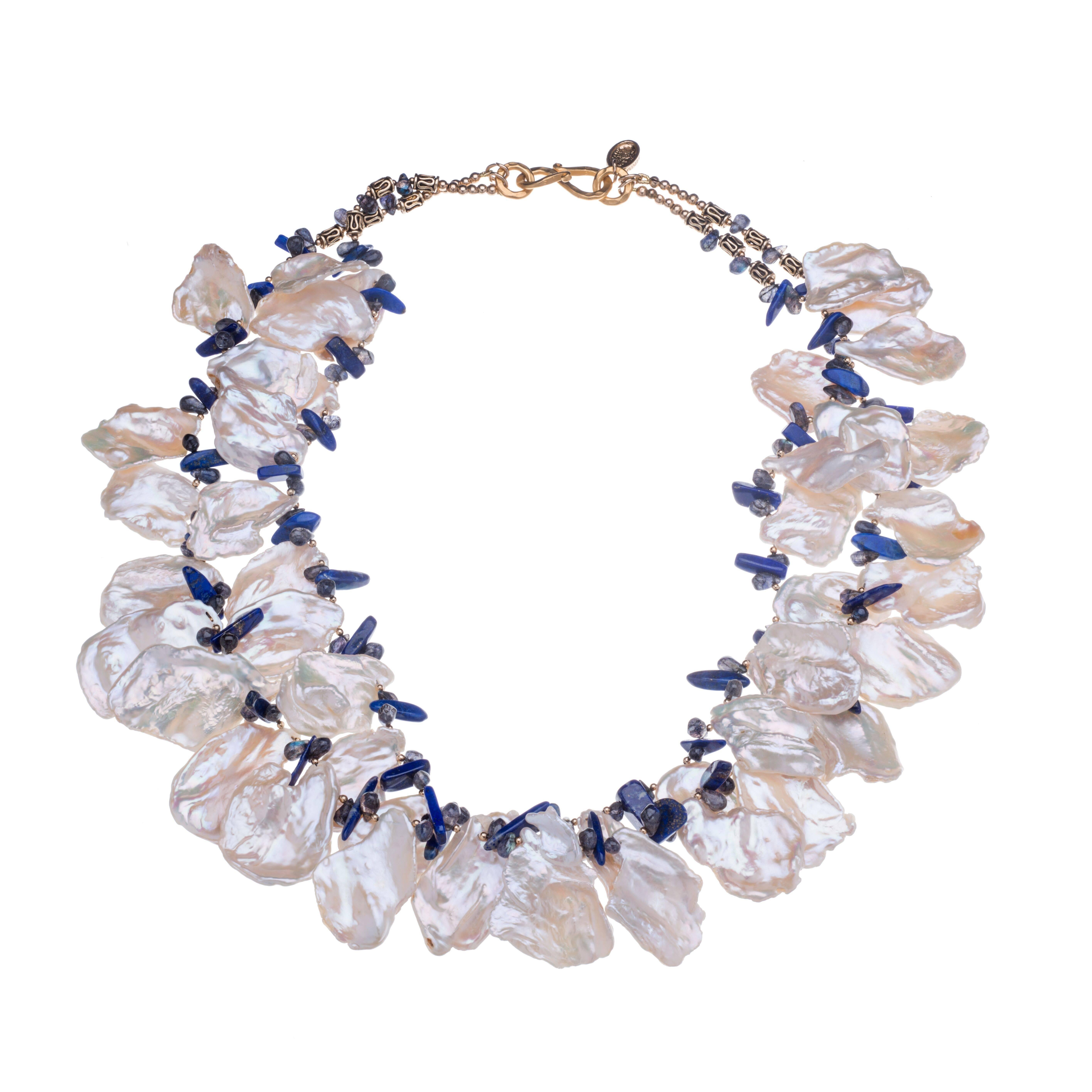 Deborah Liebman Multi-Strand White Pearl Lapis Necklace For Sale