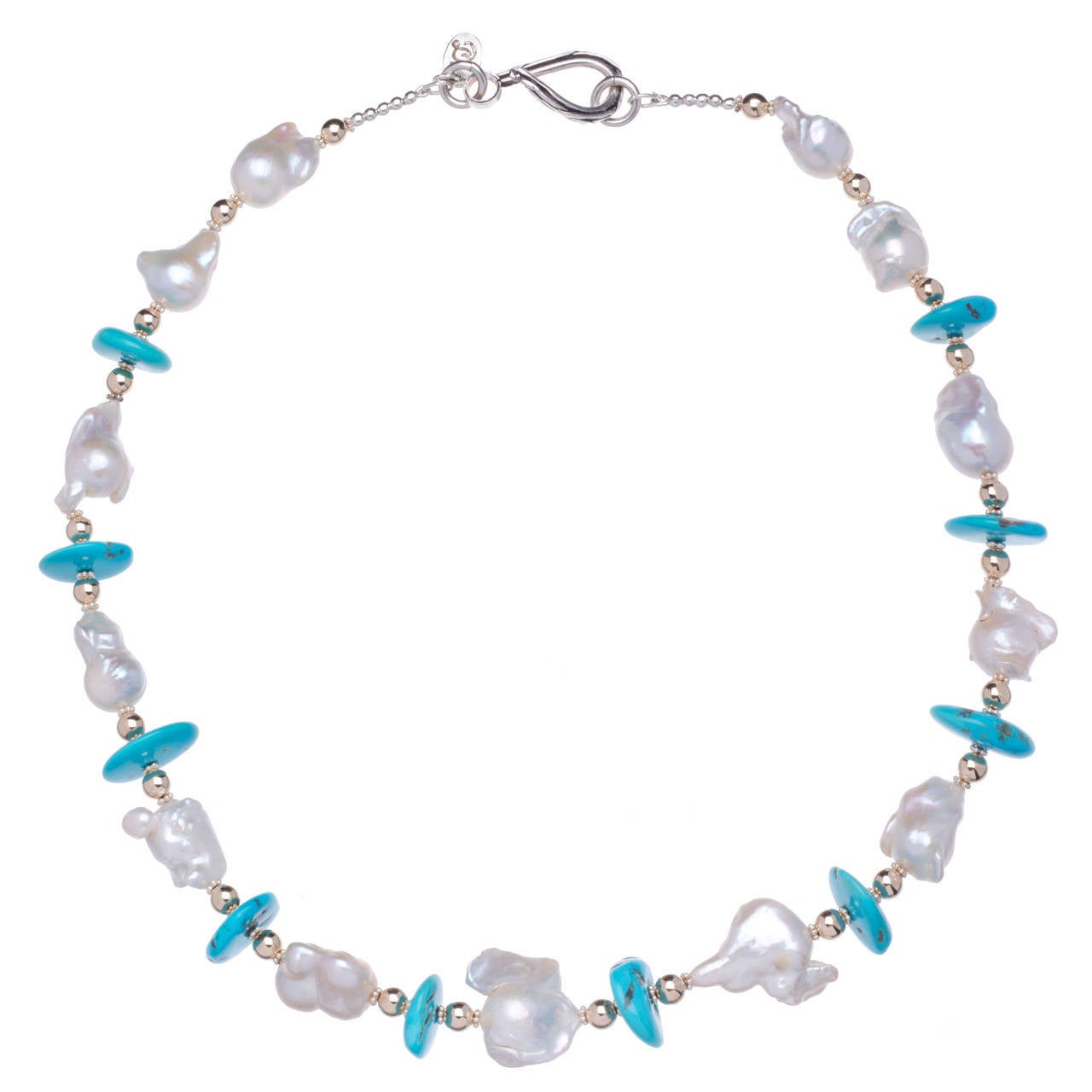 Deborah Liebman White Pearl 'Sleeping Beauty' Turquoise Gold and Silver Necklace For Sale