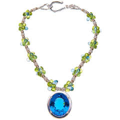 Deborah Liebman 90 Carat Blue Topaz Pendant Peridot Topaz Silver Gold Necklace