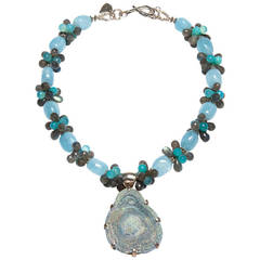 Druzy Chalcedony Aquamarine Chalcedony Labradorite Pendant Necklace