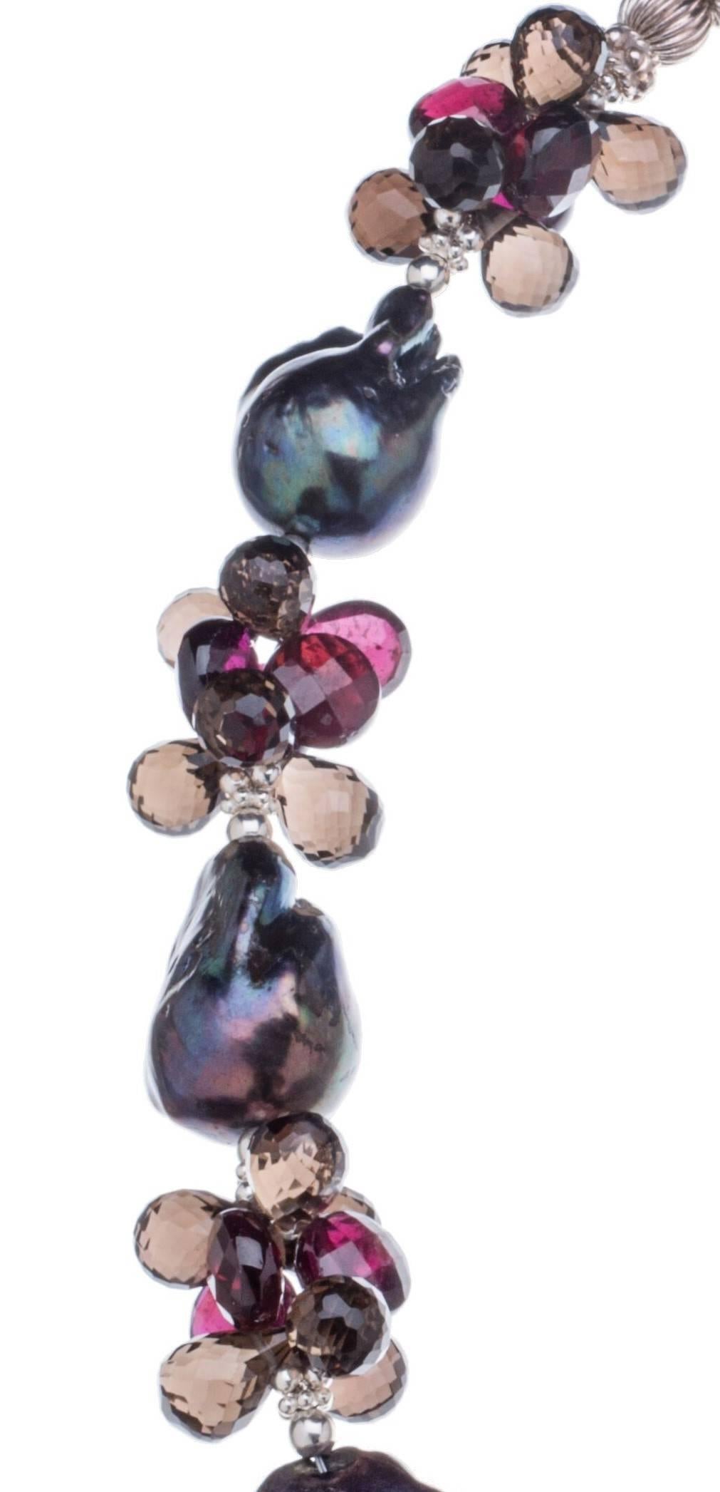 Deborah Liebman Black Baroque Pearls, Garnet, Smoky Quartz and Sterling Silver Necklace 