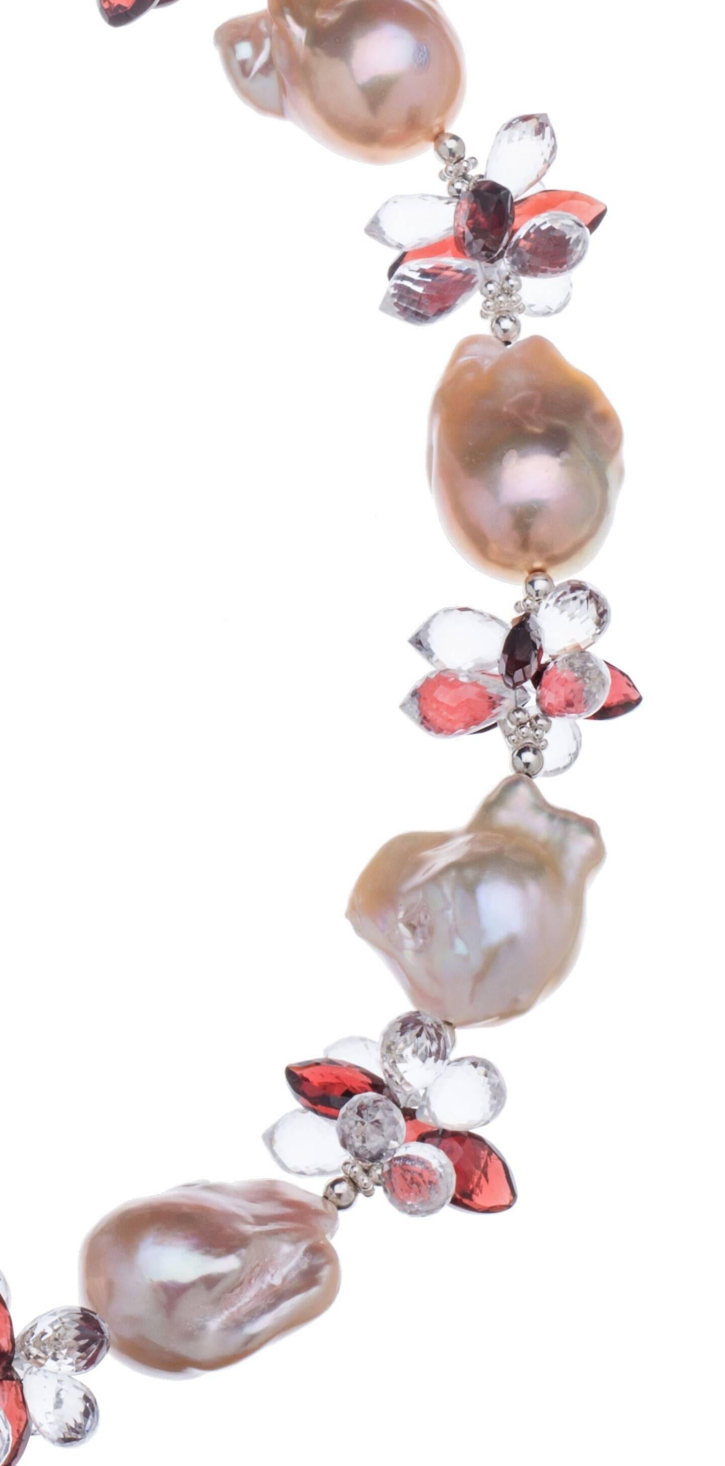 Deborah Liebman Peach Baroque Pearls, Garnet, Clear Quartz and Sterling Necklace 
