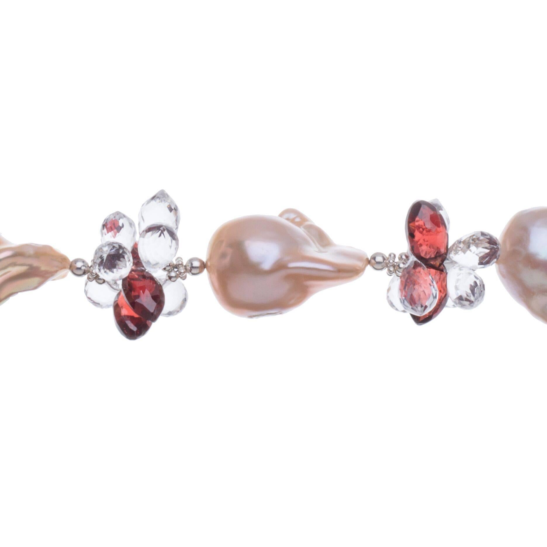 Modern Deborah Liebman Peach Pearls Garnet Quartz Sterling Necklace For Sale