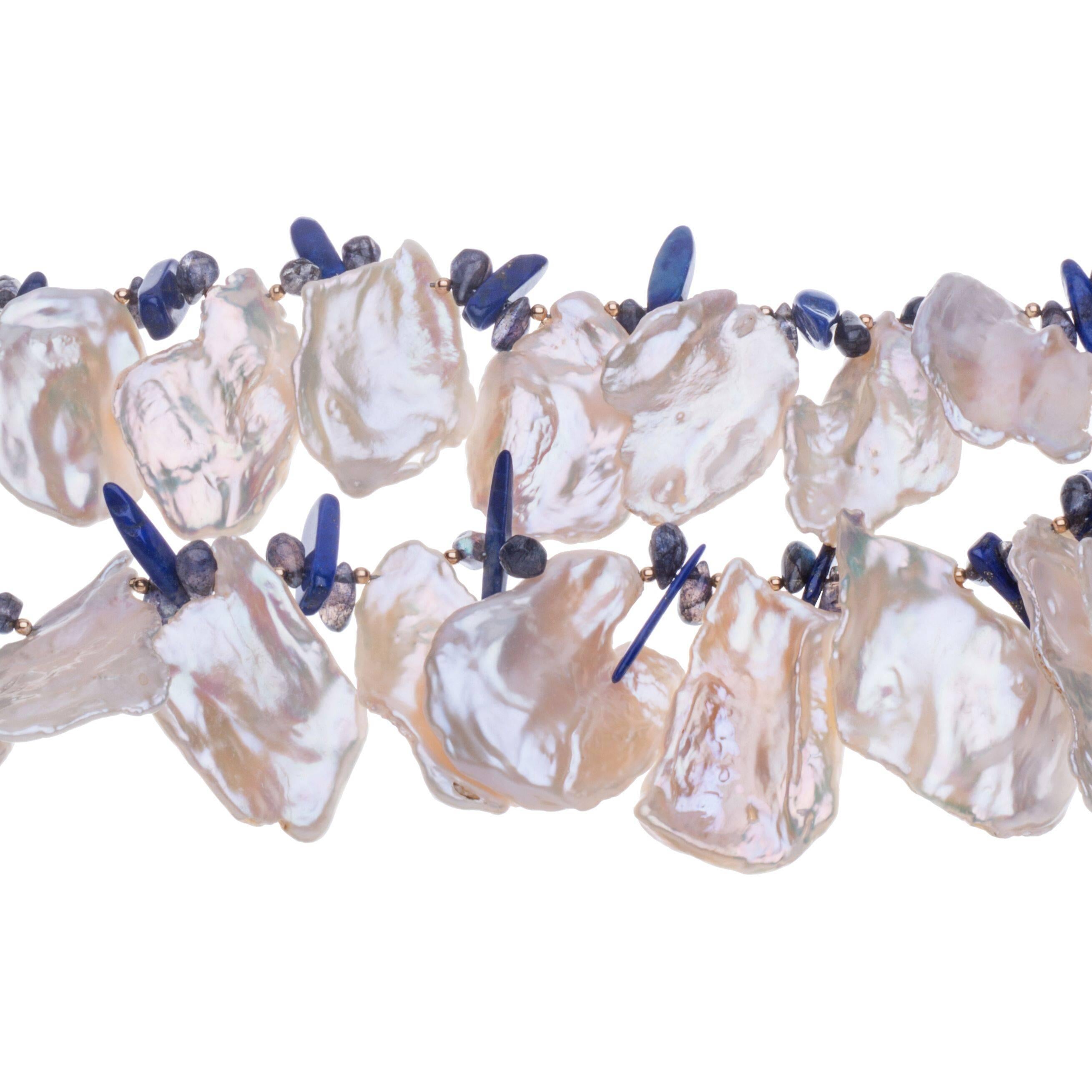 Deborah Liebman Multi-Strand White Cornflake Pearl, Lapis and Gold Vermeil Necklace 