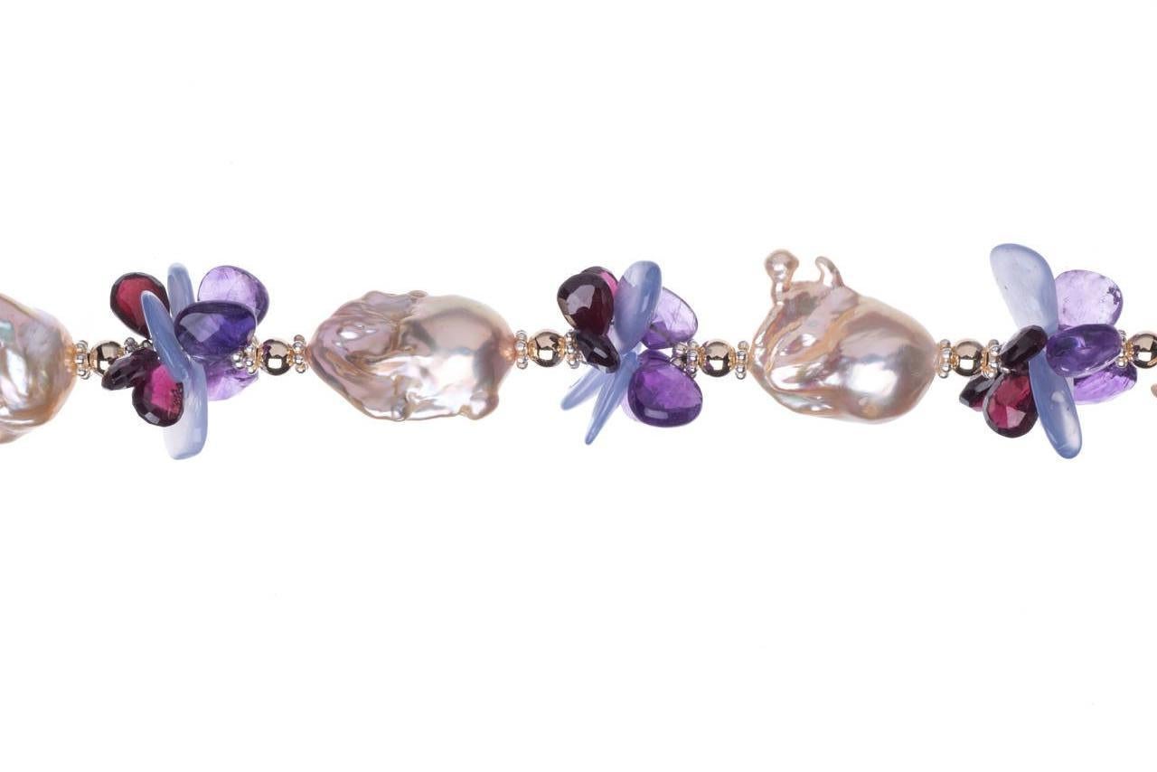 Baroque Peach Pearls, Amethyst, Lilac Chalcedony, Garnet, 14K Gold and Sterling Silver