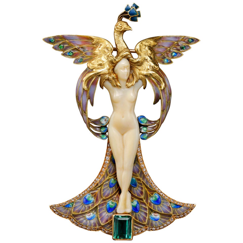 Philippe Wolfers Art Nouveau Tourmaline Diamond Gold Pendant Brooch