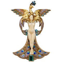 Philippe Wolfers Broche pendentif Art Nouveau en or avec tourmaline et diamants