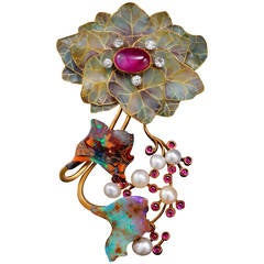 Philippe Wolfers Opal Pearl Ruby Diamond Gold Brooch