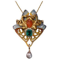 Philippe Wolfers Nixe Enamel Pearl Emerald Diamond Gold Pendant