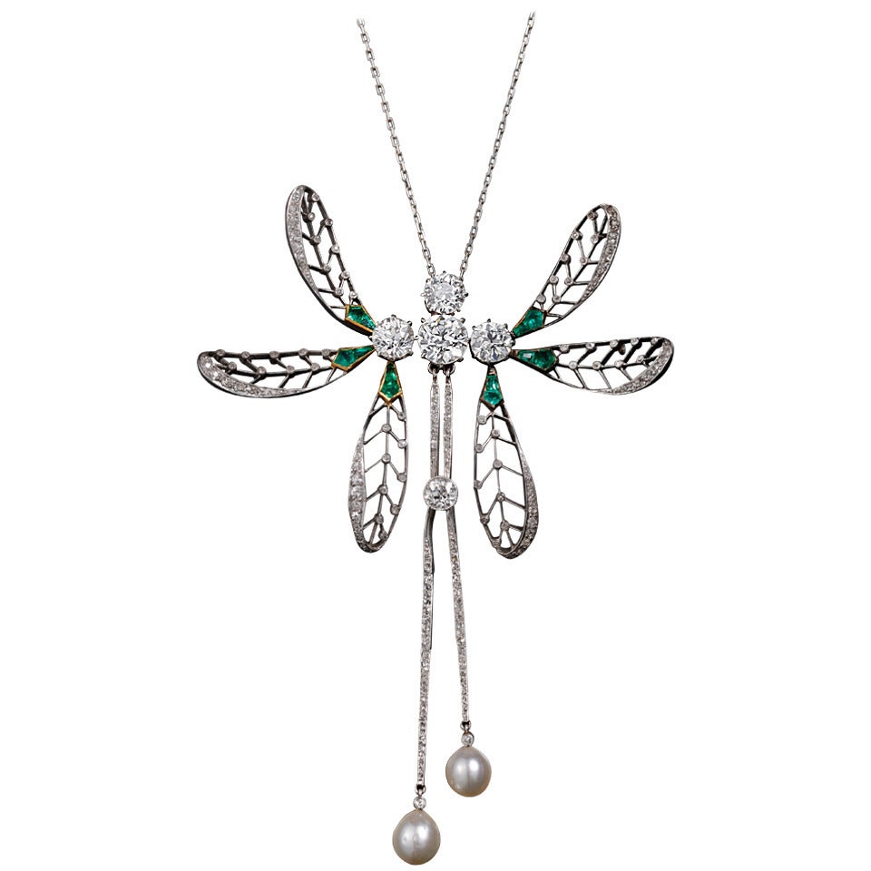 Philippe Wolfers Mistletoe Pearl Emerald Diamond Platinum Pendant